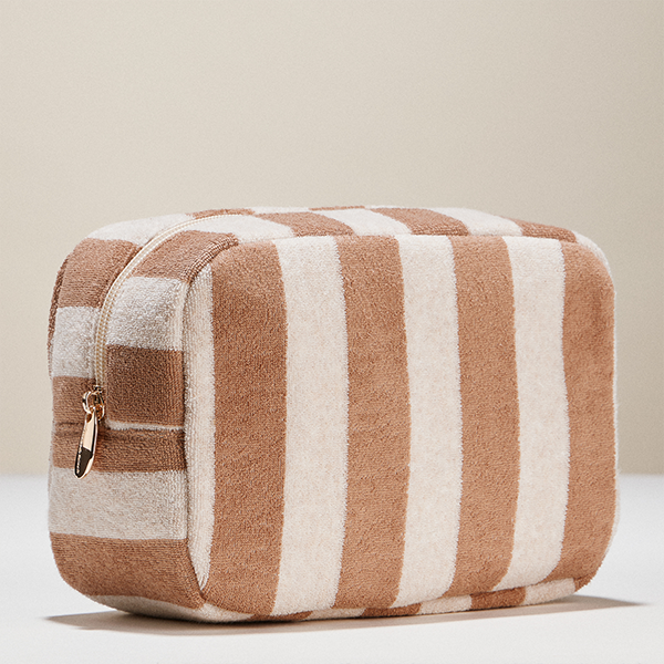 Stripe Pattern Terry Cloth Beige Cosmetic Pouch Makeup Bag Travel Organizer