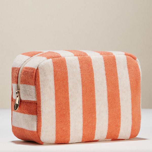 Stripe Pattern Terry Cloth Beige Cosmetic Pouch Makeup Bag Travel Organizer