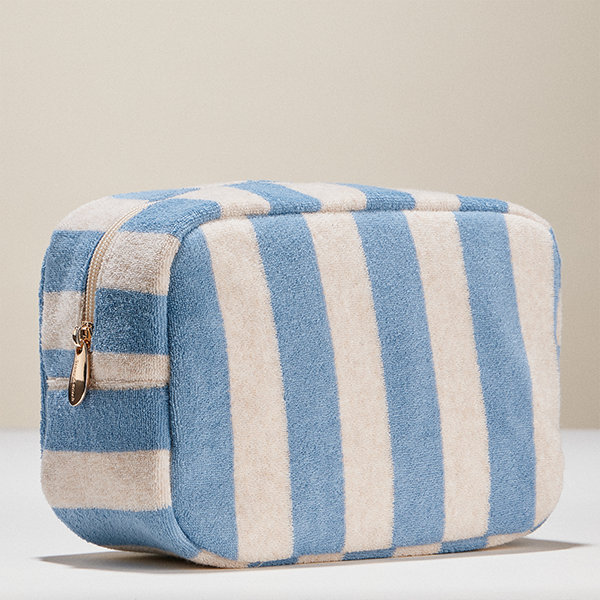 Stripe Pattern Terry Cloth Beige Cosmetic Pouch Makeup Bag Travel Organizer