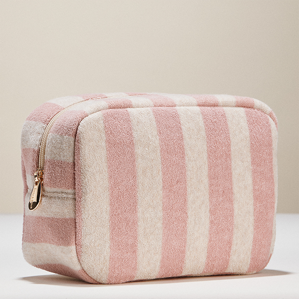 Stripe Pattern Terry Cloth Beige Cosmetic Pouch Makeup Bag Travel Organizer