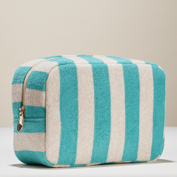 Stripe Pattern Terry Cloth Beige Cosmetic Pouch Makeup Bag Travel Organizer