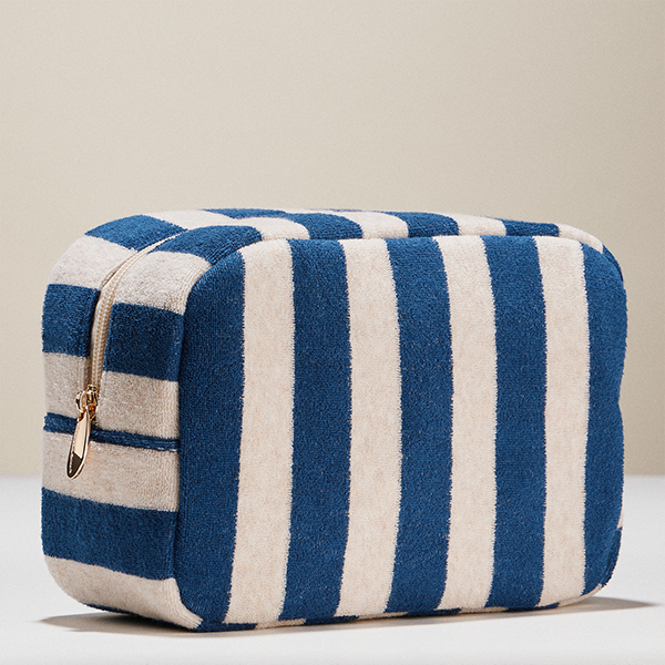 Stripe Pattern Terry Cloth Beige Cosmetic Pouch Makeup Bag Travel Organizer