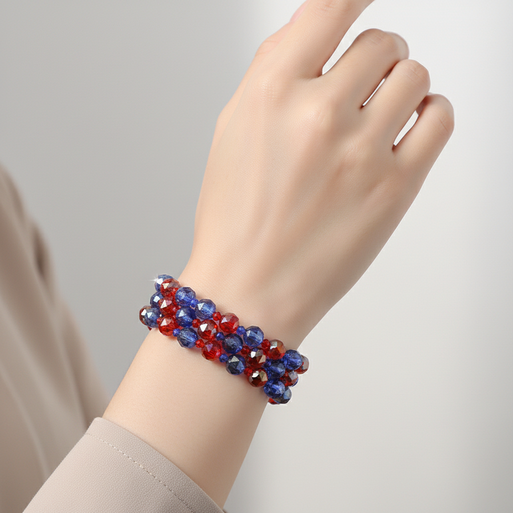 Two beaded bracelets in red and blue on a white background