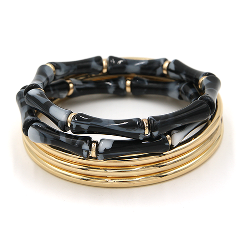 5 Piece Bamboo Style Link Gold Tone Bangle Set Gold Black For Women