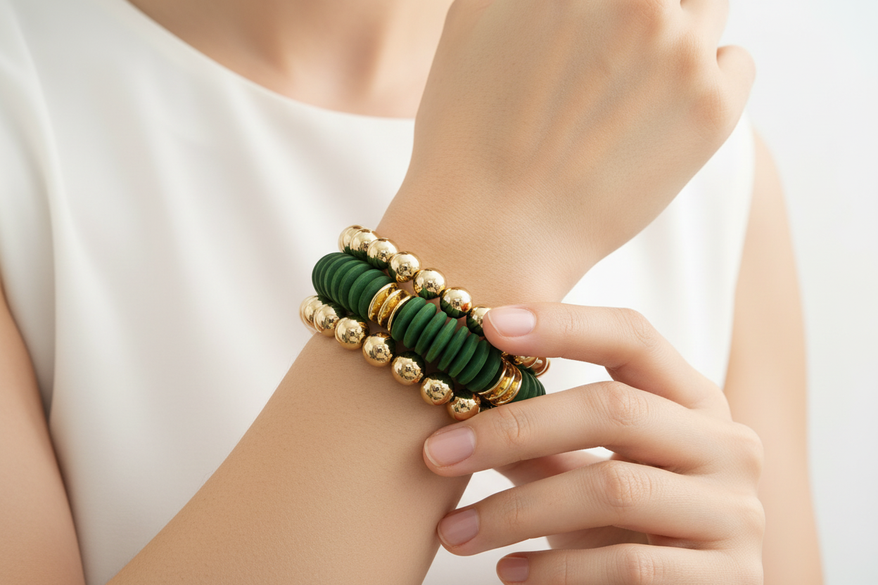 Green and gold beaded bracelet on a white background