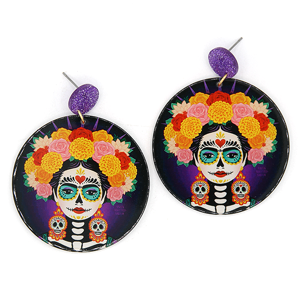 Sugar Skull Sombrero Earrings Glitter Resin Floral Floral Day Of Dead