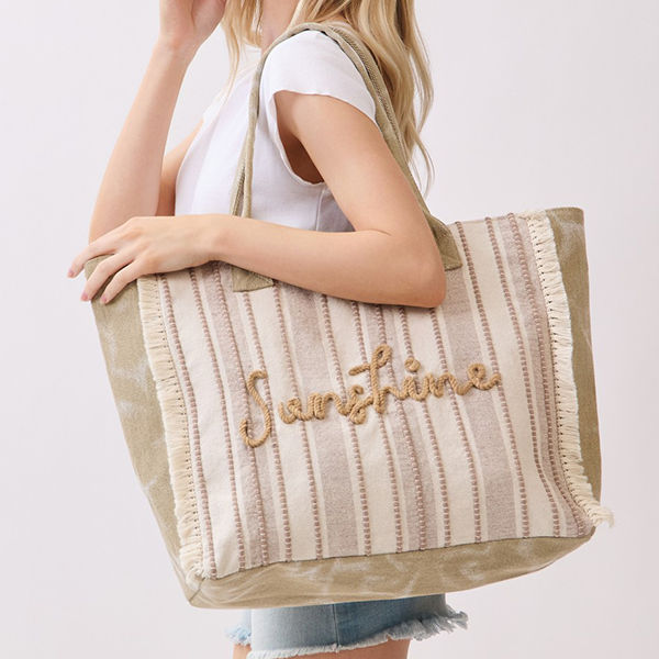 Toami Vintage Sunshine Stripe Fringe Tote Bag Beach Shopper Boho Large