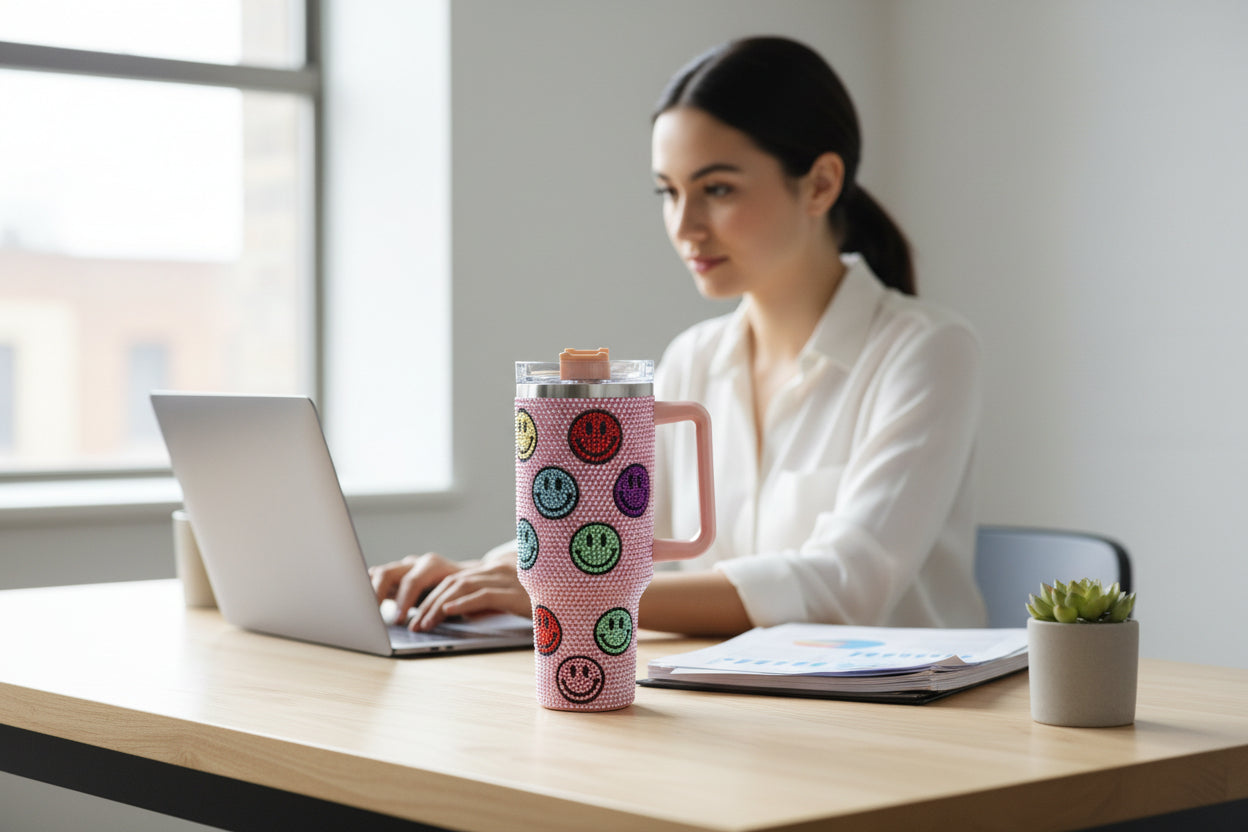 Pink tumbler with smiley face patterns on a white background