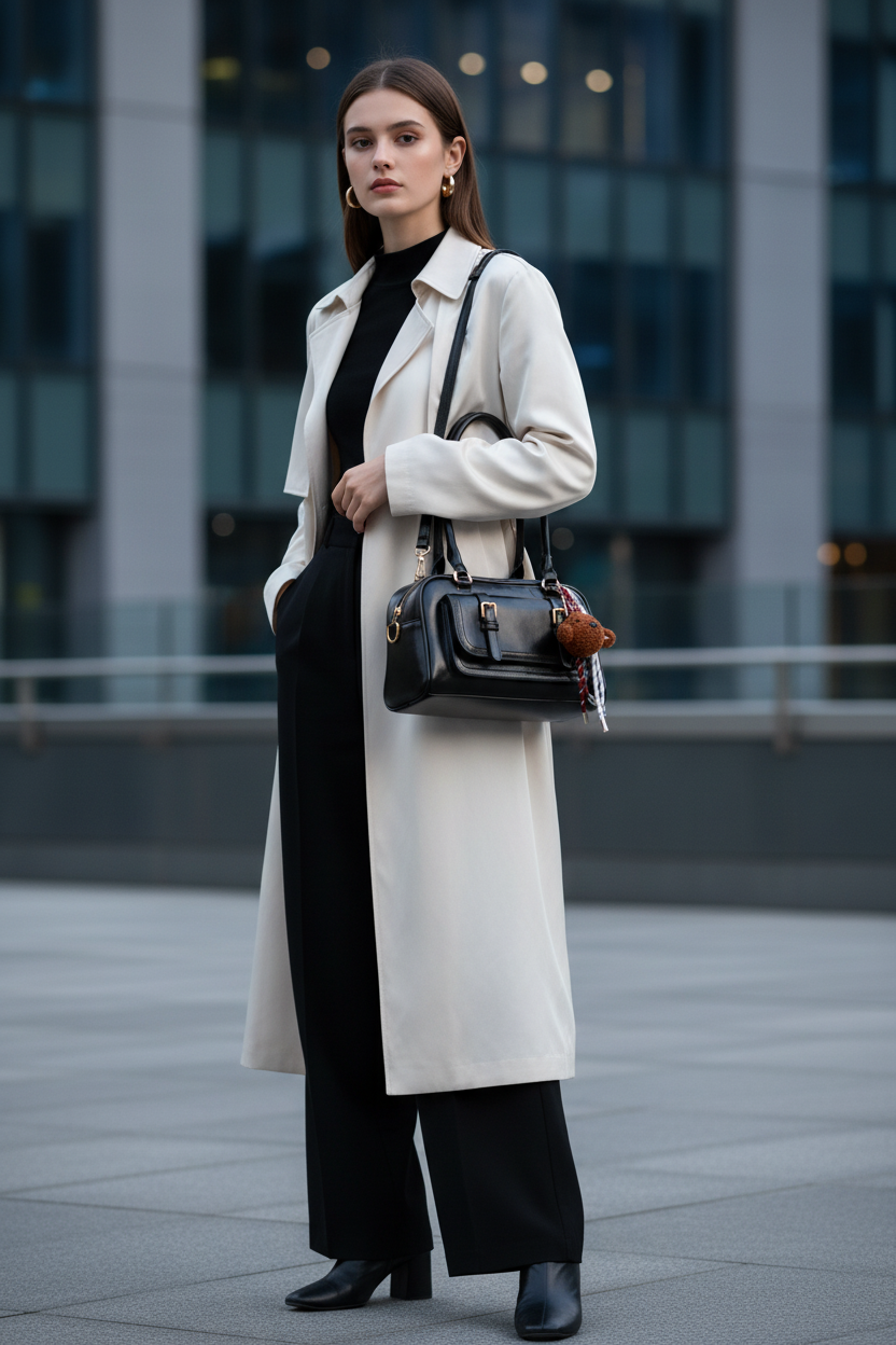 Black handbag with a bear keychain on a white background