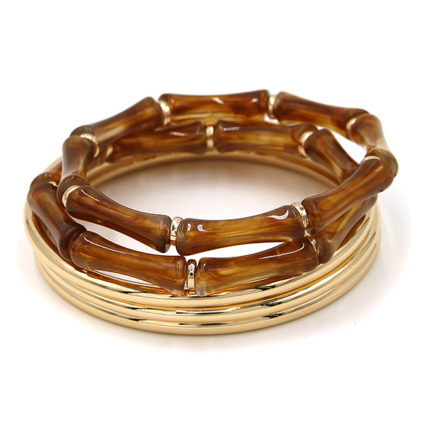 5Pc Gold Bamboo Bangle Bracelet Set Link Style Black Brown Beige Stack