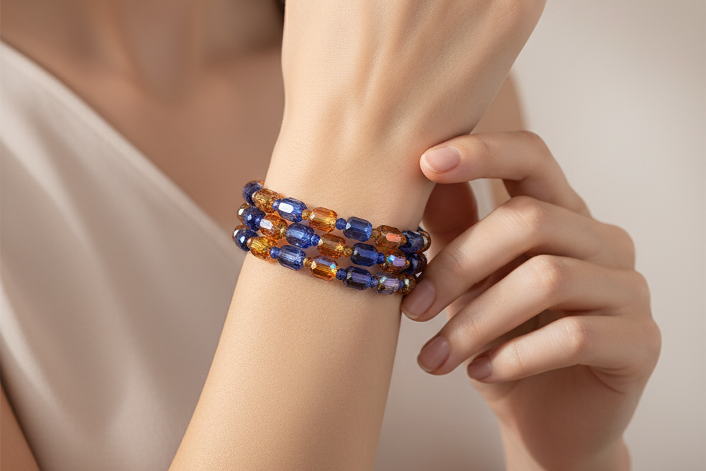 Multicolored beaded bracelet on a white background