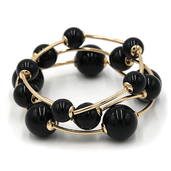 3pc Marble Orb Bead Stretch Bracelet Set Gold Tone Round Ball Bangles