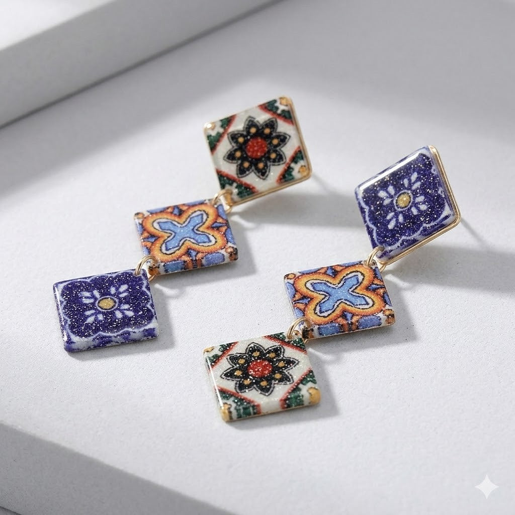 Glitter Resin Talavera 3 Tier Drop Earrings Colorful Statement Dangle
