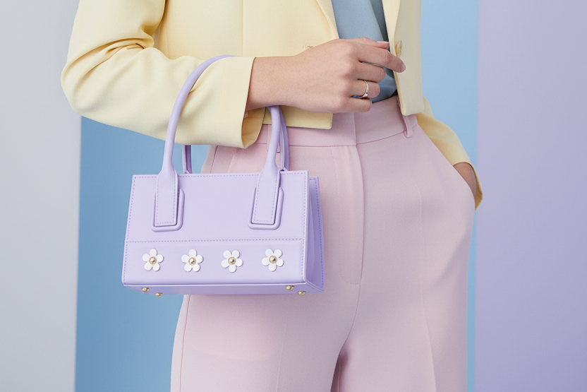 Lavender handbag with floral decorations on a white background