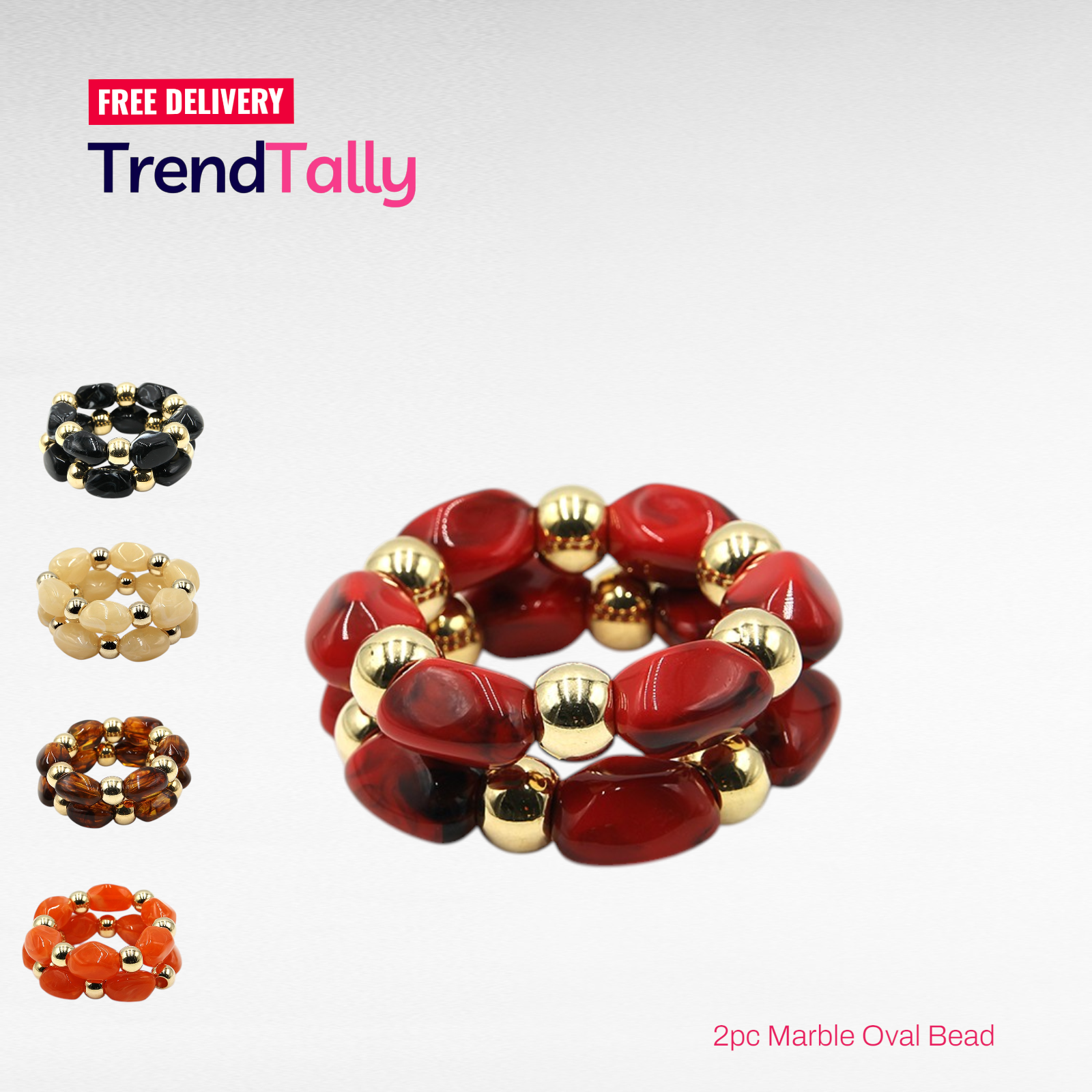 Two piece marbled oval bead stretch bracelet with gold tone accents.
