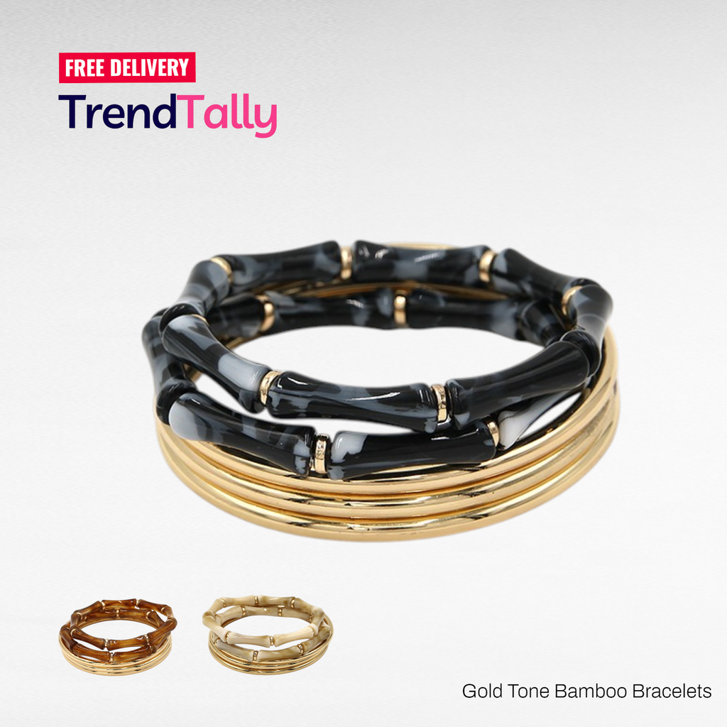 5Pc Gold Bamboo Bangle Bracelet Set Link Style Black Brown Beige Stack