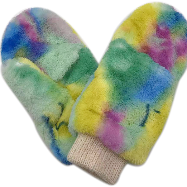 Tie-Dye Faux Fur Orange Mittens – Warm Cozy Winter Fashion Gloves Wo