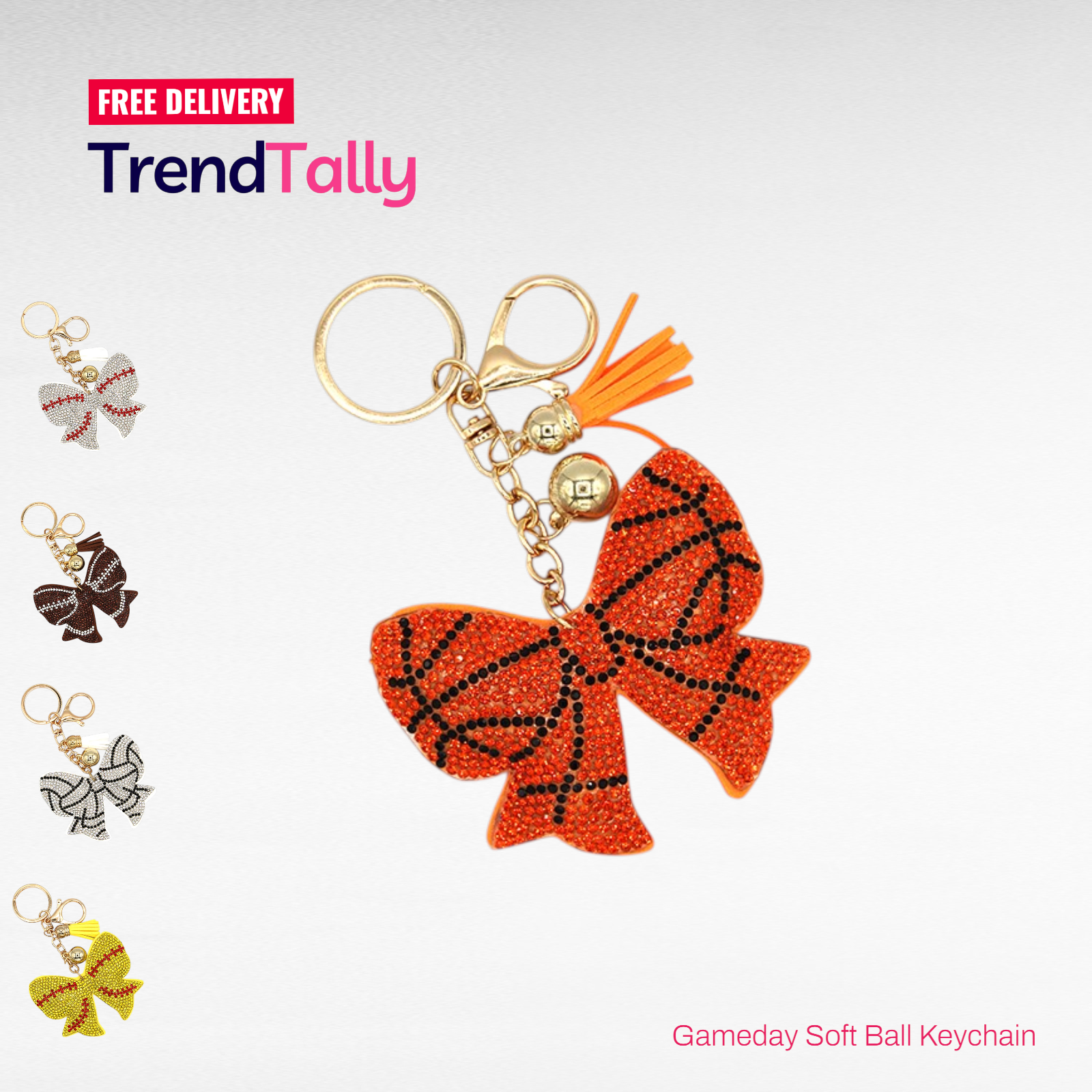 Softball Bow Rhinestone Bag Charm Keychain Gameday Bling Sports Fan Gi