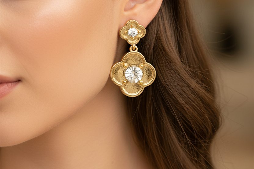 Gold floral earrings with clear gemstones on a white background