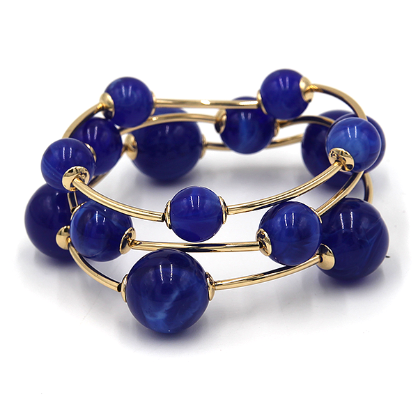 3pc Marble Orb Bead Stretch Bracelet Set Gold Tone Round Ball Bangles