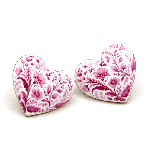 Ceramic Print Heart Earrings Pink Blue Floral Boho Romantic Drop State