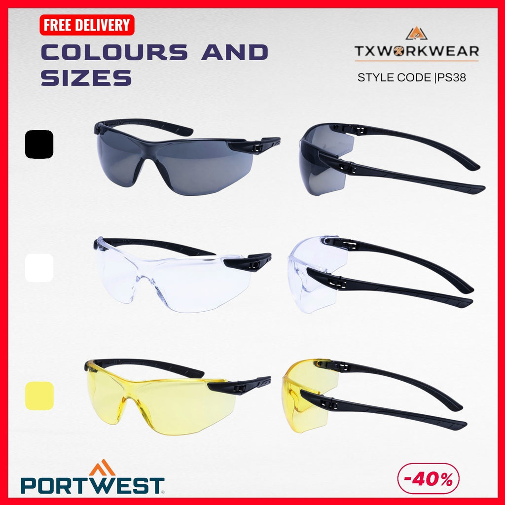 Portwest PS38 Ultra Safety Glasses Metal-Free Z87+ Lightweight Wraparo
