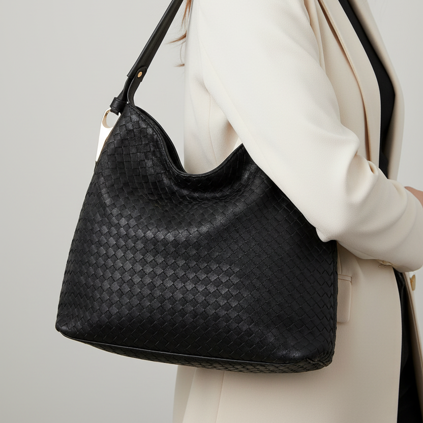 Black woven handbag on a white background