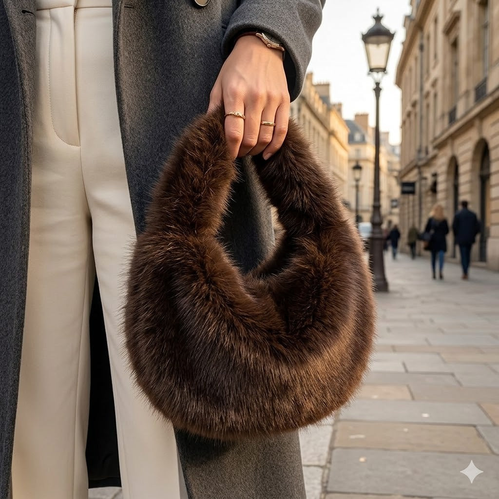 Faux Fur Single Handle Tote Bag Taupe Plush Shearling Handbag Cozy Win
