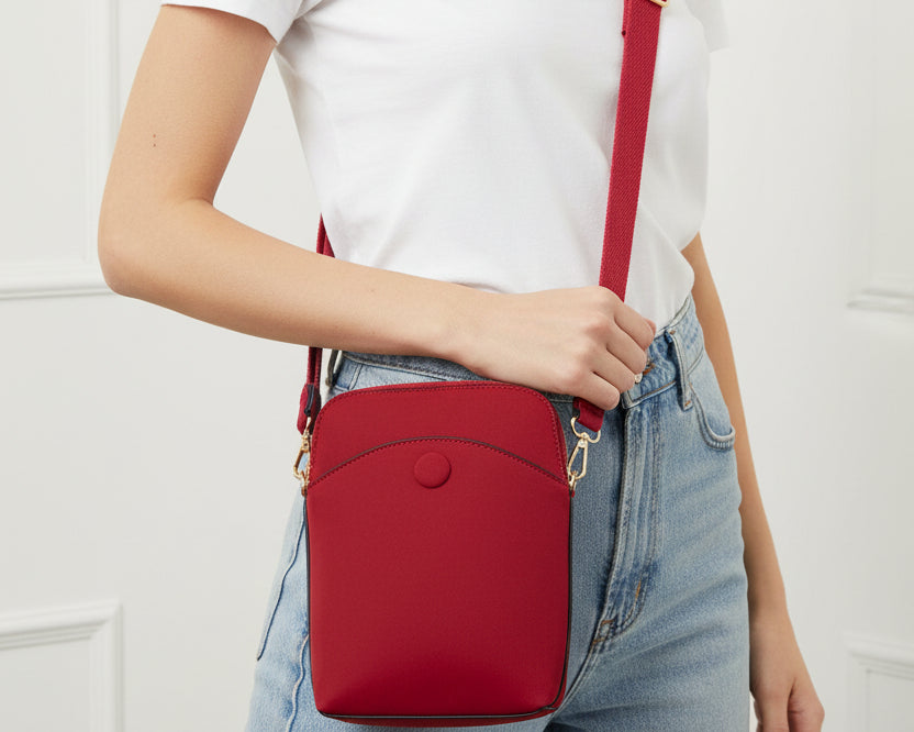 Red crossbody bag with gold accents on a white background