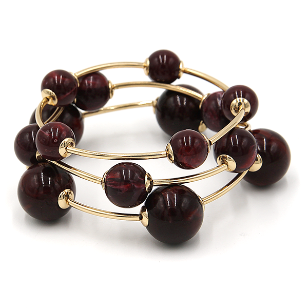 3pc Marble Orb Bead Stretch Bracelet Set Gold Tone Round Ball Bangles