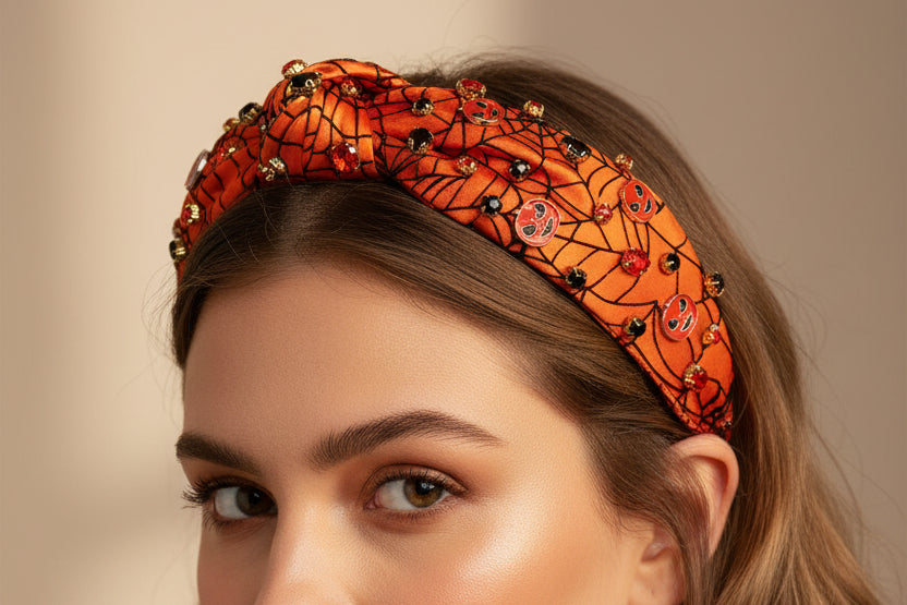 Orange headband with black spider web design on a white background