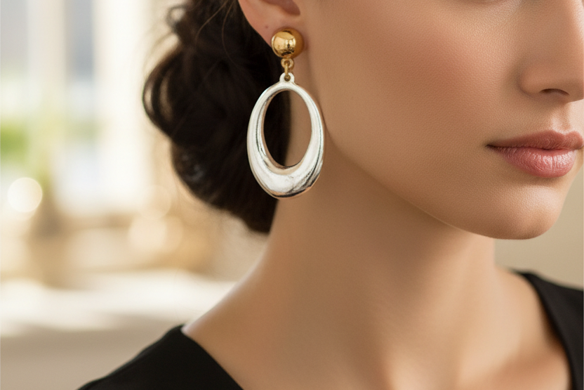 Pair of silver and gold earrings on a white background