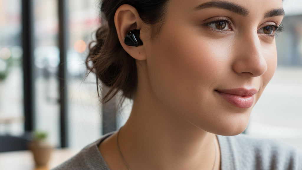 Black wireless earbuds in a charging case on a white background
