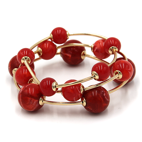 3pc Marble Orb Bead Stretch Bracelet Set Gold Tone Round Ball Bangles