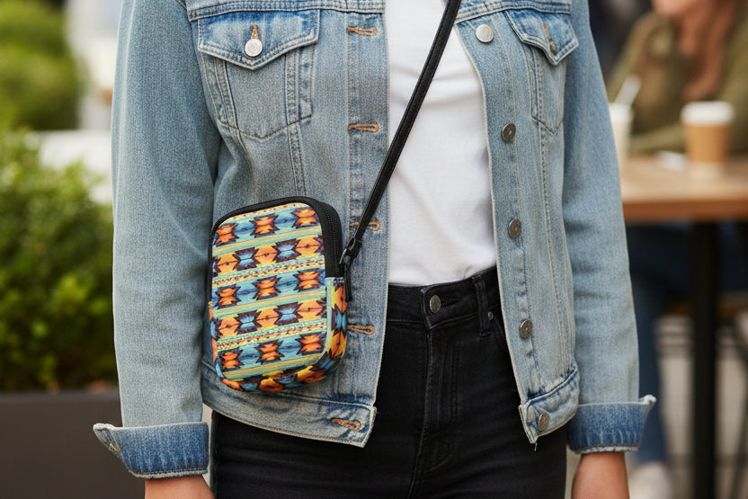 Multicolored patterned pouch with a zipper on a white background