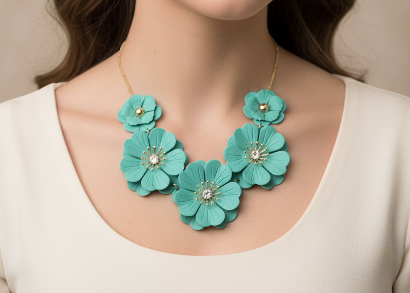 Turquoise flower-shaped necklace with gold accents on a white background