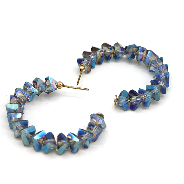Crystal Glass Bead Hoop Earrings - C-Shaped Iridescent Statement