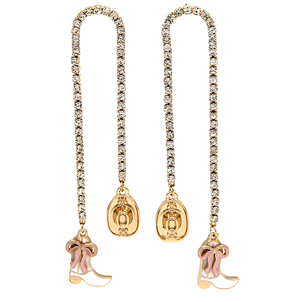 Gold Rhinestone Arch Cup Chain Earrings Western Cowgirl Statement Dangles drop "3.25" L x ."6" W