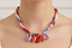 Floral Scarf Necklace White Silk Feel Cowrie Sea Shell Charms Boho Coa