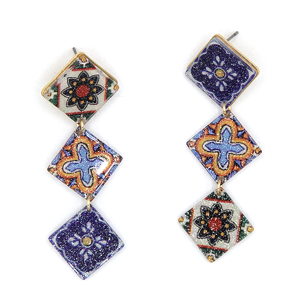 Glitter Resin Talavera 3 Tier Drop Earrings Colorful Statement Dangle