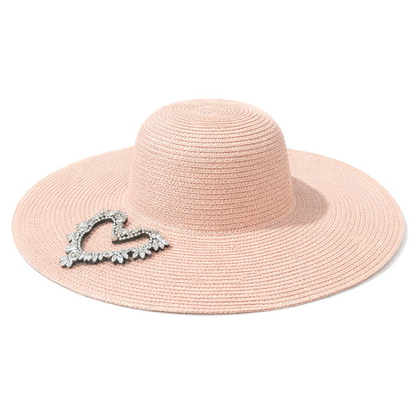 Straw Sun Hat w/ Rhinestone Heart Patch – Wide Brim Summer Beach Hat