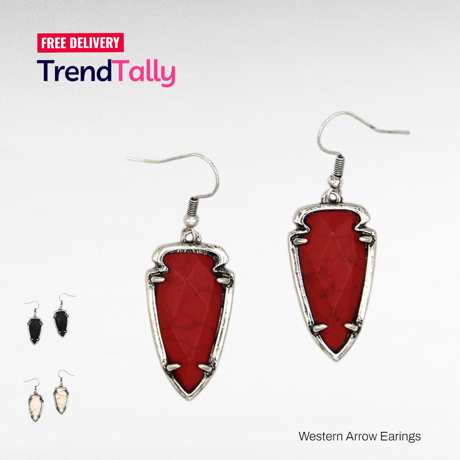 Western Arrow Stone Earrings Silver Tone Red Gem Dangle Fashion Jewelry