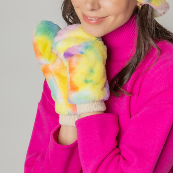 Tie-Dye Faux Fur Orange Mittens – Warm Cozy Winter Fashion Gloves Wo