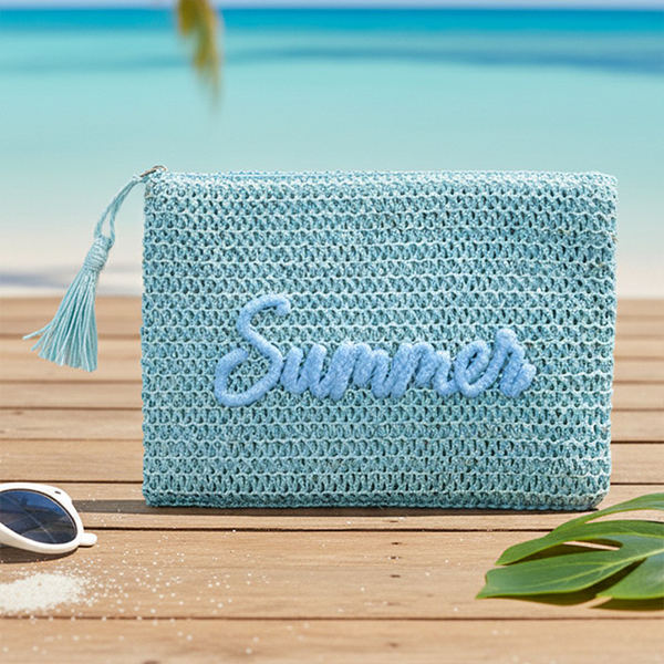 Women Straw Summer Embroidered Pouch Beach Bag Small Handbag Travel Ac