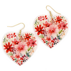 Resin Heart Flower Print Earrings White Multi Floral Dangle Boho Retro