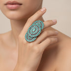 Turquoise and silver ring on a white background