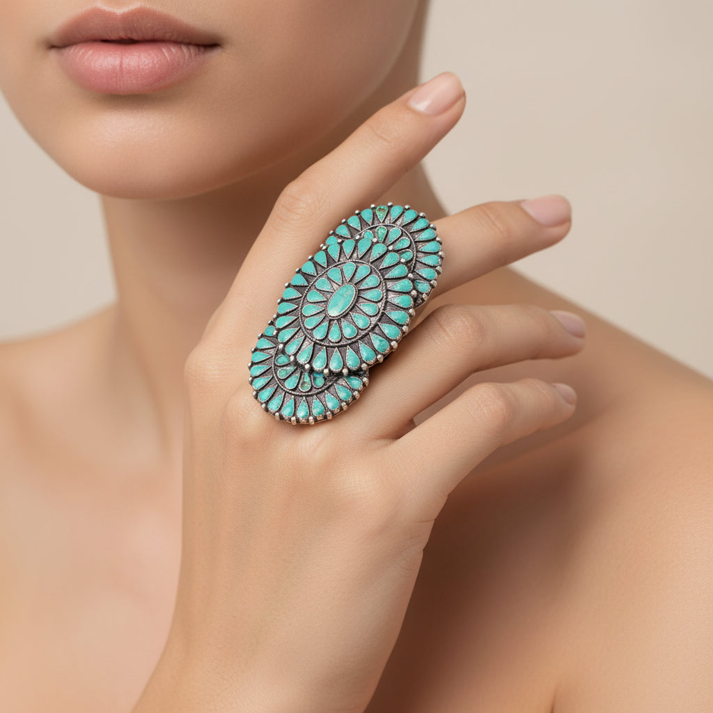 Turquoise and silver ring on a white background