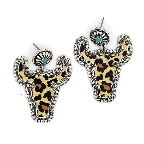 Western Longhorn Leopard Print Drop Earrings Silver Tone Post Stud Boh