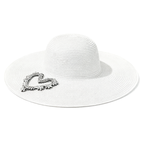 Straw Sun Hat w/ Rhinestone Heart Patch – Wide Brim Summer Beach Hat