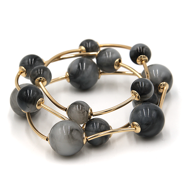 3pc Marble Orb Bead Stretch Bracelet Set Gold Tone Round Ball Bangles